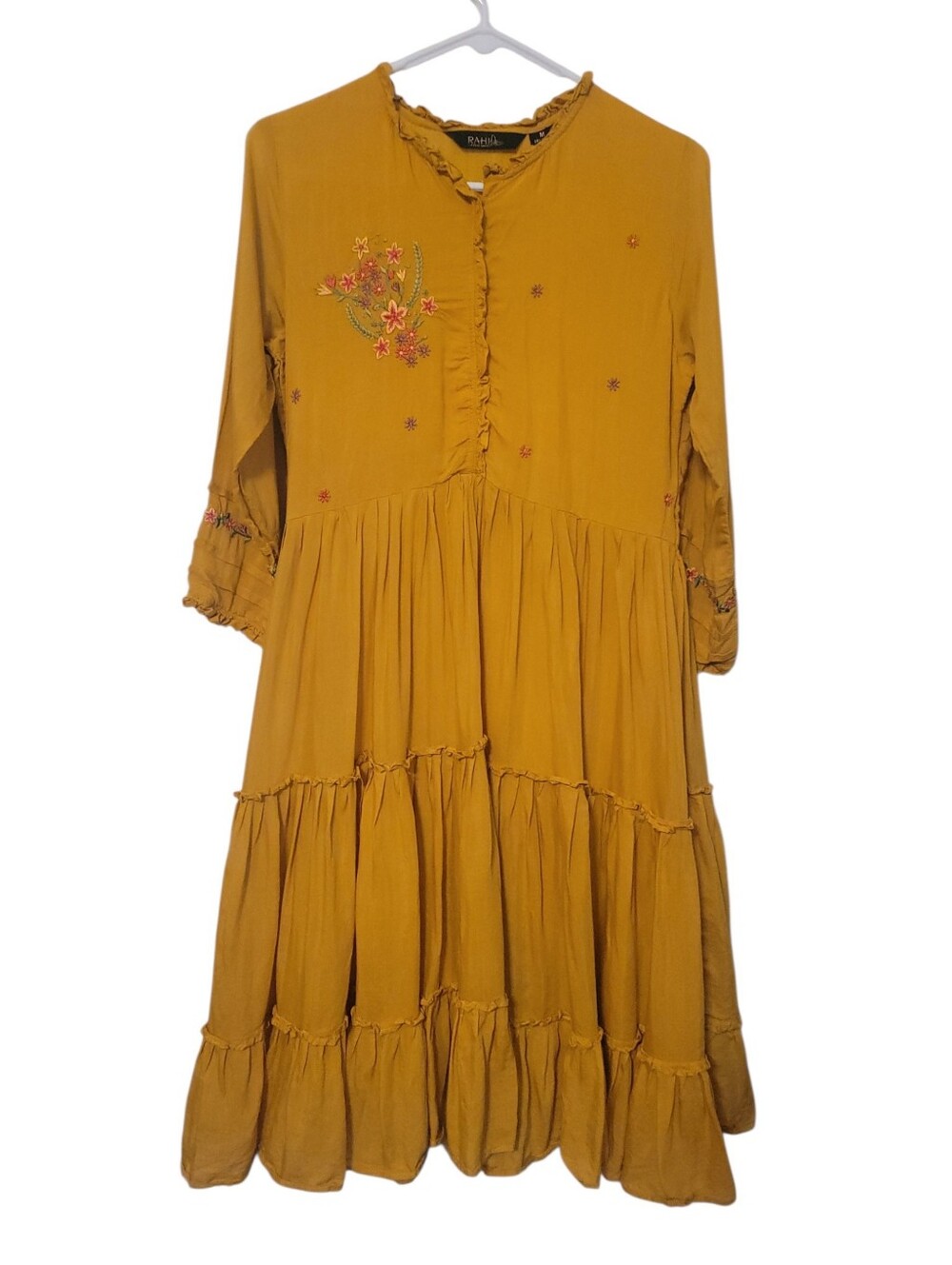RAHI Anthropologie Embroidered Tiered Maxi Dress Mustard Boho Cottagecore Medium - Picture 2 of 7